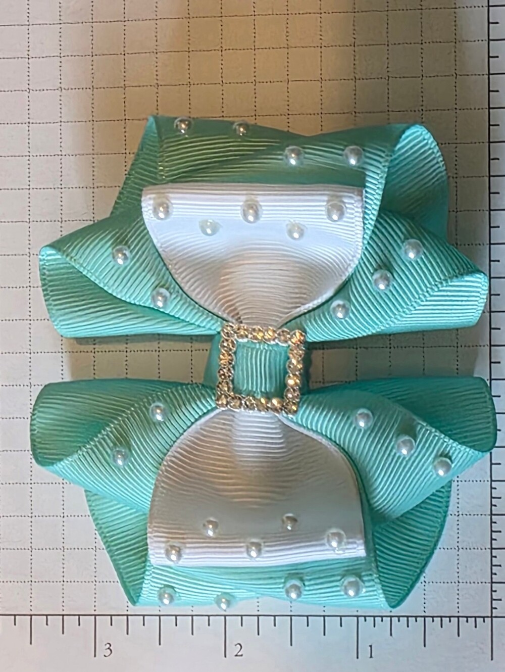 Aqua and White Pearl Bow Hair Clip with Gold Buckle